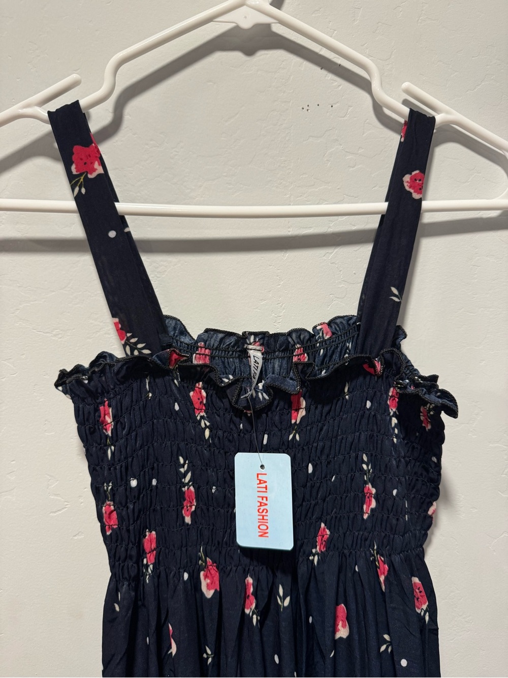 Navy Floral Smocked Sundress with Pink Accent Flowers size medium - Picture 2 of 6